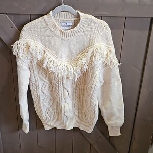7 For All Mankind Ivory Cable Knit Wool Sweater with Fringe